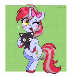 Size: 3100x3300 | Tagged: safe, artist:darkynez, imported from derpibooru, oc, oc:cinnamon lightning, cat, pony, unicorn, bipedal, blushing, bow, eye clipping through hair, floating heart, hair bow, happy, heart, one eye closed, solo, unshorn fetlocks, wink