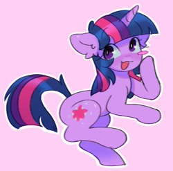 Size: 935x924 | Tagged: safe, artist:horseyuris, imported from derpibooru, twilight sparkle, pony, unicorn, blush sticker, blushing, cute, female, floppy ears, looking to the left, mare, open mouth, open smile, pink background, pointing at self, simple background, smiling, solo, twiabetes, unicorn twilight