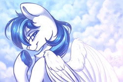 Size: 1280x855 | Tagged: safe, artist:amishy, imported from derpibooru, oc, oc only, pegasus, pony, cloud, cloudy, looking at you, looking back, looking back at you, not shining armor, smiling, smiling at you, solo, underhoof, unshorn fetlocks