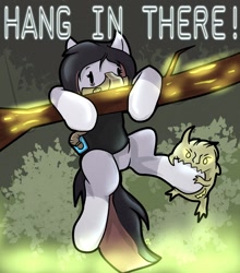 Size: 1802x2048 | Tagged: safe, artist:chaosmauser, imported from derpibooru, oc, oc:jewel bracer, earth pony, chaos, chibi, crossover, earth pony oc, hang in there, hanging, mask, motivational poster, nurgling, poster, poster parody, tree branch