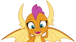 Size: 4134x2300 | Tagged: safe, artist:sketchmcreations, imported from derpibooru, smolder, dragon, uprooted, cute, dragoness, eyebrows, female, open mouth, open smile, raised eyebrow, simple background, smiling, smolderbetes, solo, transparent background, vector