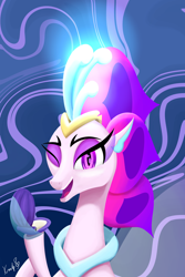 Size: 1920x2880 | Tagged: safe, artist:kmlp1999, imported from derpibooru, queen novo, seapony (g4), my little pony: the movie, bubble, collar, colored pupils, crown, digital art, eyelashes, eyeshadow, female, fin wings, fins, glowing, jewelry, looking at you, makeup, ocean, one eye closed, open mouth, open smile, purple eyes, regalia, seaquestria, seashell, signature, smiling, solo, teeth, throne room, underwater, water, wings, wink