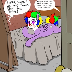 Size: 1200x1200 | Tagged: safe, artist:pony quarantine, imported from derpibooru, oc, oc only, oc:sister slappy, pegasus, pony, bed, clown, clown makeup, dialogue, disembodied hoof, female, looking at you, lying down, mare, nun, offscreen character, on bed, prone, sploot, tongue out