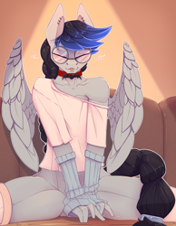 Size: 2800x3600 | Tagged: safe, artist:chapaevv, imported from derpibooru, oc, oc:silver strings, anthro, choker, clothes, commission, crossdressing, eyes closed, femboy, girly, glasses, good boy, happy, male, mittens, no pants, shirt, sitting, socks, solo, spread legs, spreading, stockings, t-shirt, tail, text, thigh highs, tongue out, ych result