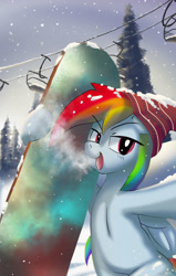 Size: 960x1512 | Tagged: safe, artist:neoshrek, imported from derpibooru, rainbow dash, pegasus, pony, belly, belly button, bipedal, hat, leg hold, long mane, open mouth, selfie, ski lift, snowboard, solo