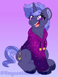 Size: 1600x2129 | Tagged: safe, artist:missbramblemele, imported from derpibooru, oc, oc only, oc:moonwalker, pony, unicorn, clothes, female, gradient background, hoodie, mare, solo