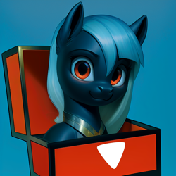 Size: 1024x1024 | Tagged: safe, derpibooru exclusive, imported from derpibooru, prompter:darbarri, earth pony, pony, abstract background, ai content, ai generated, box, bust, generator:stable diffusion, jewelry, looking at you, pony in a box, portrait, solo