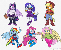 Size: 1280x1042 | Tagged: safe, artist:omegasunburst, imported from derpibooru, applejack, fluttershy, pinkie pie, rainbow dash, rarity, twilight sparkle, alicorn, anthro, earth pony, pegasus, plantigrade anthro, unicorn, belly button, big breasts, book, boots, breasts, busty applejack, busty fluttershy, busty pinkie pie, busty rarity, busty twilight sparkle, cleavage, clothes, cowboy boots, crossover, delicious flat chest, denim, dress, female, front knot midriff, glasses, high heels, jeans, lipstick, mane six, mare, midriff, mobian, pants, rainbow flat, rarity's glasses, shoes, simple background, skirt, sonic the hedgehog (series), sonicified, stockings, sweater dress, thigh highs, twilight sparkle (alicorn), white background