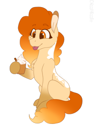 Size: 727x975 | Tagged: safe, artist:thatonefluffs, imported from derpibooru, oc, oc only, oc:pumpkin patch, earth pony, pony, :p, coffee, food, latte, simple background, sitting, smiling, solo, spiced latte, tongue out, transparent background