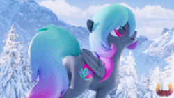 Size: 3840x2160 | Tagged: safe, artist:loveslove, imported from derpibooru, oc, oc only, oc:paintheart, pegasus, pony, 3d, blurry background, female, folded wings, gradient mane, gradient tail, high res, mountain, pegasus oc, snow, snowfall, solo, tail, wings