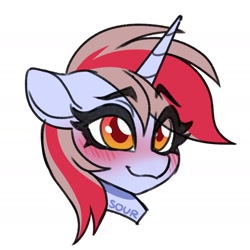 Size: 1736x1736 | Tagged: safe, artist:sickly-sour, imported from derpibooru, oc, oc only, oc:cinnamon lightning, pony, unicorn, blushing, bust, eye clipping through hair, eyebrows, eyebrows visible through hair, portrait, simple background, smiling, solo, white background