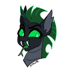 Size: 1000x1000 | Tagged: safe, artist:sickly-sour, imported from derpibooru, oc, oc only, changeling, bust, forked tongue, green changeling, open mouth, open smile, portrait, simple background, smiling, solo, tongue out, white background