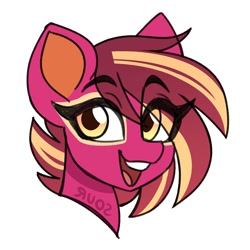 Size: 2000x2000 | Tagged: safe, artist:sickly-sour, imported from derpibooru, oc, oc only, oc:phoenix, pony, bust, eye clipping through hair, eyebrows, eyebrows visible through hair, looking at you, open mouth, open smile, portrait, simple background, smiling, solo, white background