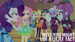 Size: 1920x1080 | Tagged: safe, edit, edited screencap, editor:quoterific, imported from derpibooru, screencap, applejack, fluttershy, indigo zap, rainbow dash, rarity, sugarcoat, sunny flare, human, equestria girls, friendship games