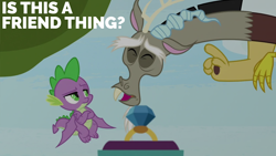 Size: 2000x1125 | Tagged: safe, edit, edited screencap, editor:quoterific, imported from derpibooru, screencap, discord, spike, draconequus, dragon, the big mac question, jewelry, ring, text edit
