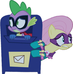 Size: 712x720 | Tagged: safe, artist:pascalmulokozi2, edit, edited screencap, imported from derpibooru, screencap, fluttershy, humdrum, saddle rager, spike, dragon, pegasus, pony, power ponies (episode), background removed, female, mailbox, male, mare, not a vector, power ponies, simple background, transparent background