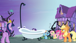 Size: 1920x1080 | Tagged: safe, edit, edited screencap, imported from derpibooru, screencap, applejack, fluttershy, pinkie pie, rainbow dash, rarity, twilight sparkle, alicorn, earth pony, pegasus, pony, unicorn, princess twilight sparkle (episode), bathtub, big crown thingy, black vine, butt, element of laughter, element of loyalty, element of magic, jewelry, mane six, plot, ponyville, regalia, twibutt, twilight sparkle (alicorn)