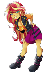 Size: 590x888 | Tagged: safe, artist:granatty, imported from derpibooru, sunset shimmer, human, equestria girls, equestria girls series, bedroom eyes, boots, breasts, busty sunset shimmer, butt touch, cleavage, clothes, female, geode of empathy, grin, hand on butt, hand on leg, jacket, legs, looking at you, magical geodes, sexy, shirt, shoes, simple background, smiling, solo, transparent background