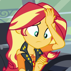 Size: 674x678 | Tagged: safe, imported from derpibooru, screencap, sunset shimmer, human, driving miss shimmer, equestria girls, equestria girls series, cropped, solo