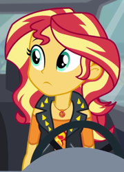 Size: 403x559 | Tagged: safe, imported from derpibooru, screencap, sunset shimmer, human, driving miss shimmer, equestria girls, equestria girls series, cropped, solo