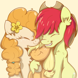 Size: 1000x1000 | Tagged: safe, artist:candy meow, imported from derpibooru, applejack, bright mac, pear butter, earth pony, pony, ^^, applejack's hat, brightabetes, chest fluff, cowboy hat, cute, ear fluff, eyes closed, female, filly, flower, foal, freckles, hat, hoof fluff, hug, jackabetes, male, mare, pearabetes, simple background, smiling, snuggling, stallion, unshorn fetlocks, younger