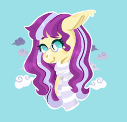 Size: 540x520 | Tagged: safe, artist:wholesomeponies, imported from derpibooru, oc, oc only, oc:serenity sound, pegasus, bust, clothes, cloud, ear fluff, female, floppy ears, glasses, mare, no pupils, outline, pegasus oc, portrait, scarf, shiny mane, simple background, solo, striped scarf, teal background, white outline