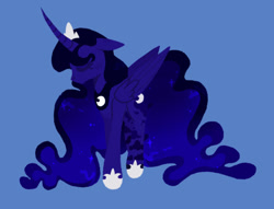 Size: 540x412 | Tagged: safe, artist:wholesomeponies, imported from derpibooru, princess luna, alicorn, alternate design, blue background, crown, curved horn, ethereal hair, ethereal mane, ethereal tail, eyes closed, female, floppy ears, folded wings, hoof shoes, horn, jewelry, mare, peytral, redesign, regalia, simple background, solo, tail, tiara, wings