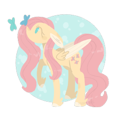 Size: 540x564 | Tagged: safe, artist:wholesomeponies, imported from derpibooru, fluttershy, butterfly, pegasus, pony, circle, colored ears, colored hooves, colored wings, ear fluff, feathered fetlocks, female, floppy ears, folded wings, looking at something, looking up, mare, no mouth, no pupils, partial background, profile, raised hoof, simple background, solo, standing, transparent background, two toned wings, wings