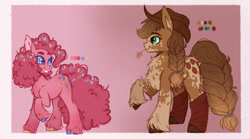 Size: 540x301 | Tagged: safe, artist:wholesomeponies, imported from derpibooru, applejack, pinkie pie, earth pony, alternate design, braid, chest fluff, clothes, coat markings, colored ears, colored hooves, confetti, duo, duo female, ear fluff, female, frame, headcanon, headcanon in the description, heart, heart eyes, pink background, reference sheet, simple background, socks, straw in mouth, unshorn fetlocks, wingding eyes