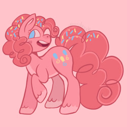 Size: 540x540 | Tagged: safe, artist:wholesomeponies, imported from derpibooru, pinkie pie, earth pony, alternate cutie mark, coat markings, colored hooves, confetti, female, mare, no pupils, pink background, redesign, simple background, solo, unshorn fetlocks