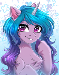 Size: 2000x2540 | Tagged: safe, alternate version, artist:hakaina, imported from derpibooru, izzy moonbow, pony, unicorn, abstract background, bust, cheek fluff, chest fluff, colored, concave belly, cute, ear fluff, eyebrows, eyelashes, fluffy, g5, gradient mane, grin, high res, hoof fluff, hooves, izzybetes, leg fluff, long mane, looking at you, pointing at self, raised hooves, shading, shiny eyes, signature, slim, smiling, smiling at you, solo, teeth, thin, unshorn fetlocks