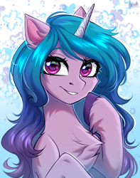 Size: 2000x2540 | Tagged: safe, alternate version, artist:hakaina, imported from derpibooru, izzy moonbow, pony, unicorn, abstract background, bust, cheek fluff, chest fluff, colored, concave belly, cute, ear fluff, eyebrows, eyelashes, fluffy, g5, gradient mane, grin, high res, hoof fluff, hooves, izzybetes, leg fluff, long mane, looking at you, pointing at self, raised hooves, shading, shiny eyes, signature, slim, smiling, smiling at you, solo, teeth, thin, unshorn fetlocks