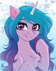 Size: 2000x2540 | Tagged: safe, alternate version, artist:hakaina, imported from derpibooru, izzy moonbow, pony, unicorn, abstract background, bust, cel shading, cheek fluff, chest fluff, colored, concave belly, cute, ear fluff, eyebrows, eyelashes, fluffy, g5, gradient mane, grin, high res, hoof fluff, hooves, izzybetes, leg fluff, long mane, looking at you, pointing at self, raised hooves, shading, shiny eyes, signature, slim, smiling, smiling at you, solo, teeth, thin, unshorn fetlocks