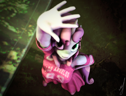 Size: 2808x2160 | Tagged: safe, artist:retro0range, imported from derpibooru, sweetie belle, anthro, unicorn, 3d, clothes, dress, forest, green eyes, hand, high angle, road, shoes, skirt, sneakers, solo, source filmmaker
