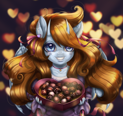 Size: 1990x1877 | Tagged: safe, artist:mdwines, imported from derpibooru, oc, oc:raven eve'hart, anthro, big eyes, bust, candy, collar, commission, cute, food, hearts and hooves day, holiday, portrait, present, redhead, romantic, smiling, solo, valentine's day, ych result