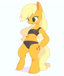 Size: 1736x2048 | Tagged: safe, artist:cheesesauce_45, imported from derpibooru, applejack, earth pony, semi-anthro, belly, belly button, clothes, female, panties, simple background, solo, sports bra, underwear, white background