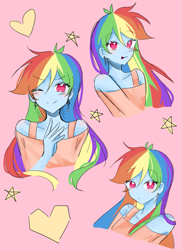 Size: 601x827 | Tagged: safe, artist:rainn__1026, imported from derpibooru, rainbow dash, human, equestria girls, bust, clothes, heart, one eye closed, pink background, simple background, smiling, solo, wink