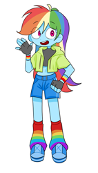 Size: 457x805 | Tagged: safe, artist:rainn__1026, imported from derpibooru, rainbow dash, human, equestria girls, clothes, cute, fingerless gloves, gloves, midriff, rainbow socks, shorts, simple background, smiling, socks, solo, standing, striped socks, white background