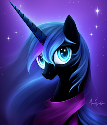 Size: 768x896 | Tagged: safe, imported from derpibooru, nightmare moon, alicorn, pony, ai content, ai generated, bust, female, generator:stable diffusion, looking at you, mare, portrait, solo