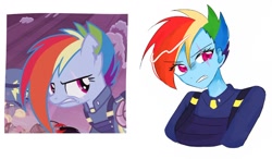 Size: 1194x695 | Tagged: safe, artist:rainn__1026, imported from derpibooru, screencap, rainbow dash, human, pegasus, pony, equestria girls, the cutie re-mark, alternate timeline, apocalypse dash, bust, clothes, crystal war timeline, equestria girls interpretation, eye clipping through hair, eye scar, eyebrows, eyebrows visible through hair, facial scar, female, frown, mare, scar, screencap reference, simple background, solo, teeth, torn ear, white background