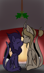 Size: 3293x5399 | Tagged: safe, artist:thecommandermiky, imported from derpibooru, oc, oc only, oc:artura, oc:miky command, alicorn, cheetah, hybrid, pegasus, alicorn oc, chest fluff, female, fireplace, holly, holly mistaken for mistletoe, horn, kissing, lesbian, mare, oc x oc, pegasus oc, purple hair, purple mane, shipping, wings, yellow mane