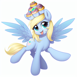 Size: 768x768 | Tagged: safe, imported from derpibooru, pegasus, pony, :p, ai content, ai generated, cute, female, food, generator:stable diffusion, looking at you, mare, muffin, simple background, solo, tongue out, white background, wrong eye color