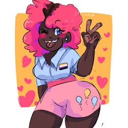 Size: 1080x1080 | Tagged: safe, artist:dmitrymemovznok, imported from derpibooru, pinkie pie, human, equestria girls, clothes, dark skin, heart, nonbinary pride flag, one eye closed, peace sign, pride, pride flag, smiling, solo, tongue out, wink