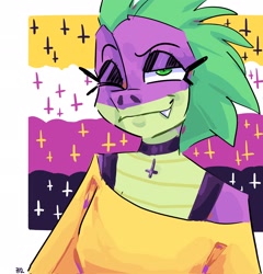 Size: 1966x2048 | Tagged: safe, artist:dmitrymemovznok, imported from derpibooru, spike, anthro, dragon, clothes, cross, eyeshadow, inverted cross, lidded eyes, makeup, nonbinary pride flag, nonexistent meet-cute [idlyam], one eye closed, pride, pride flag, smiling, smirk, solo, vylet pony, wink