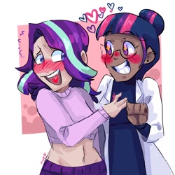 Size: 1024x1024 | Tagged: safe, artist:dmitrymemovznok, imported from derpibooru, sci-twi, starlight glimmer, twilight sparkle, human, equestria girls, blushing, clothes, duo, female, glasses, heart, lesbian, midriff, shipping, smiling, twistarlight