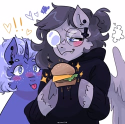 Size: 2048x2033 | Tagged: safe, artist:dmitrymemovznok, imported from derpibooru, oc, oc only, oc:can opener, oc:vylet, pegasus, semi-anthro, unicorn, :p, blushing, burger, clothes, cross, duo, food, glasses, heart, inverted cross, round glasses, tongue out, vylet pony