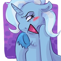 Size: 2048x2033 | Tagged: safe, artist:dmitrymemovznok, imported from derpibooru, trixie, pony, unicorn, blushing, floppy ears, heart tongue, open mouth, smiling, solo