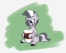 Size: 1476x1206 | Tagged: safe, artist:anonymous, imported from derpibooru, zecora, zebra, /mlp/, cup, cute, drink, drinking, female, filly, filly zecora, foal, sitting, smiling, soda, solo, younger, zecorable