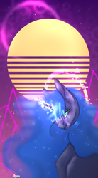 Size: 2650x4787 | Tagged: safe, artist:sstirp, imported from derpibooru, princess luna, alicorn, pony, unicorn, looking at you, magic, retrowave, smiling, smiling at you, solo