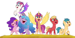 Size: 12712x6541 | Tagged: safe, artist:rozyfly10, imported from derpibooru, hitch trailblazer, izzy moonbow, pipp petals, sprout cloverleaf, sunny starscout, zipp storm, alicorn, earth pony, pegasus, pony, unicorn, base used, female, g4, g5, g5 to g4, generation leap, happy new year, holiday, male, mane five (g5), mare, my little pony: a new generation, new mane six (g5), simple background, smiling, stallion, text, transparent background